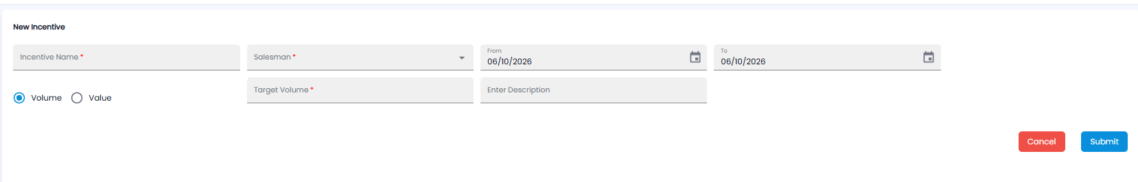New Incentive form with incentive name, salesman, from and to dates, Volume or Value, target, and description