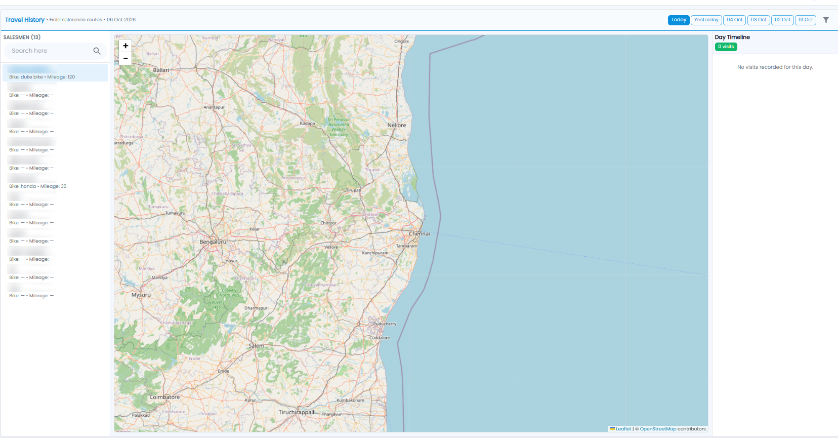 Travel History page with day buttons, the list of salesmen, a map, and the day timeline
