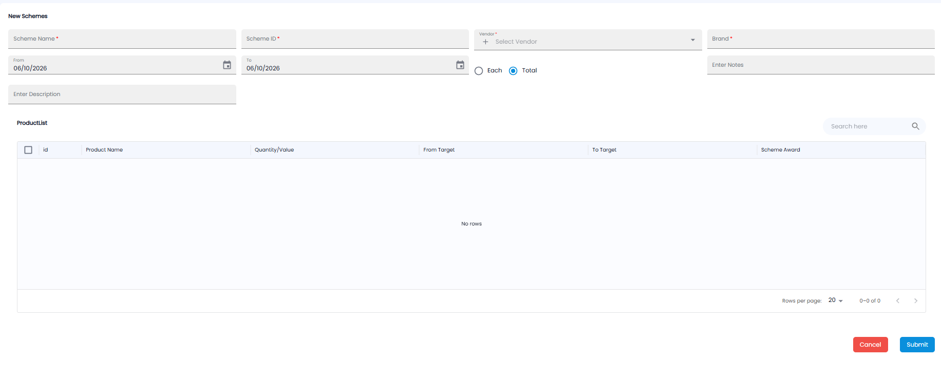 New Schemes form with scheme name, scheme ID, vendor, brand, dates, Each or Total, notes, description, and the product list