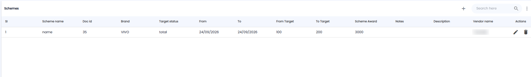 Schemes list with scheme name, document id, brand, target status, dates, from and to target, scheme award, notes, description, vendor name, and actions