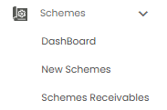 Schemes menu expanded in the sidebar, showing DashBoard, New Schemes, and Schemes Receivables