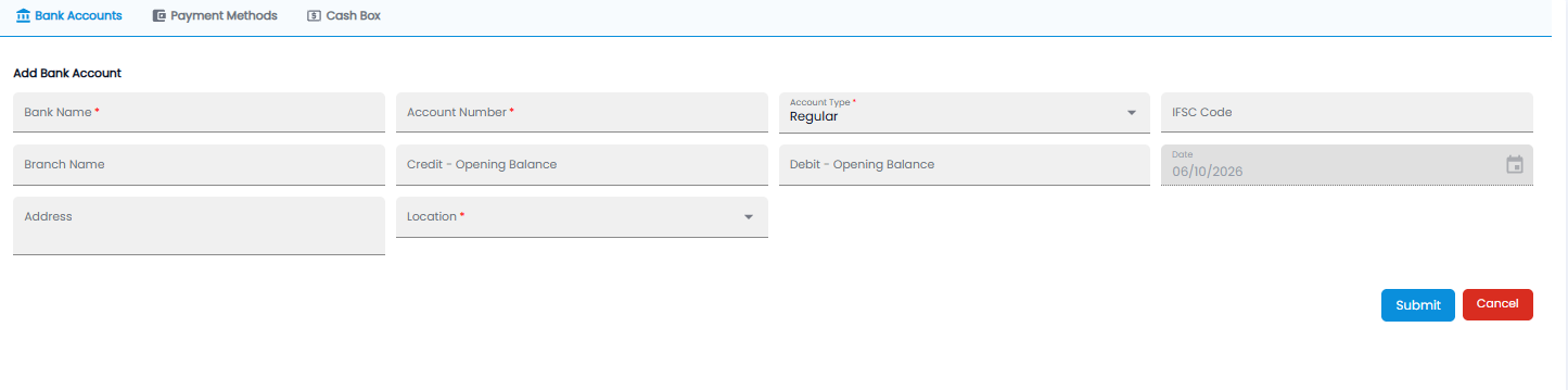 Add Bank Account form with bank name, account number, account type, IFSC code, branch, opening balances, date, address, and location
