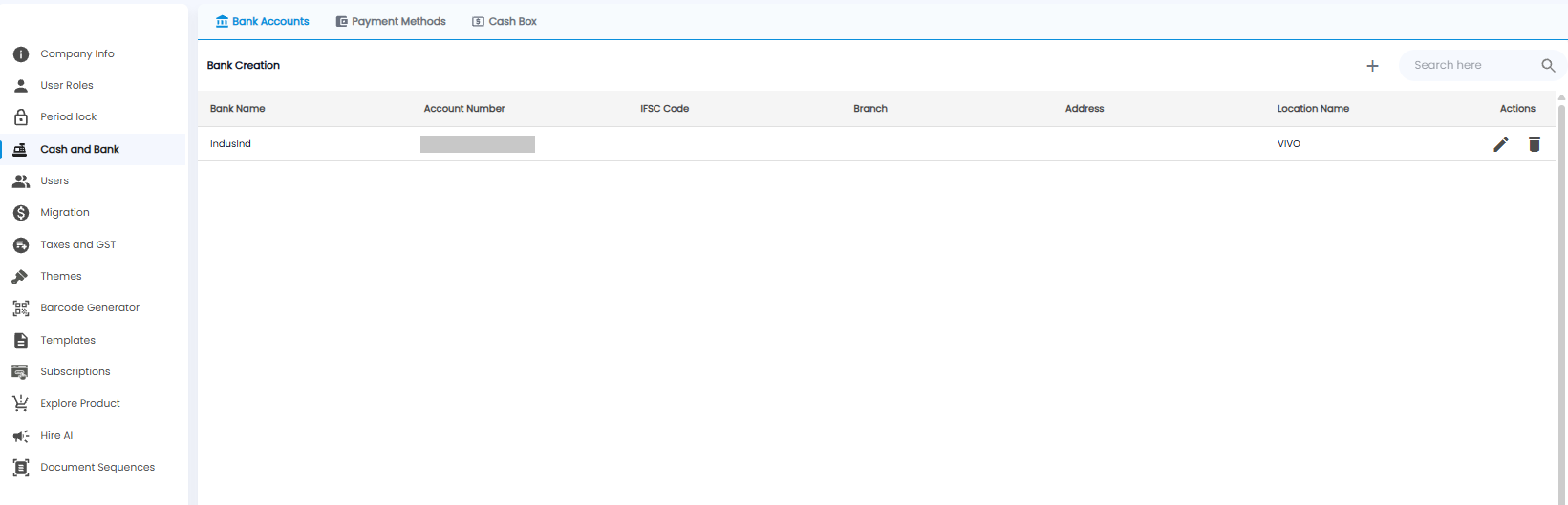 Bank Creation list with bank name, account number (hidden), IFSC code, branch, address, location, and actions