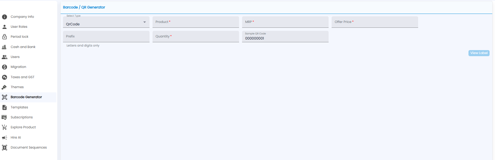 Barcode and QR Generator with type, product, MRP, offer price, prefix, quantity, sample code, and View Label