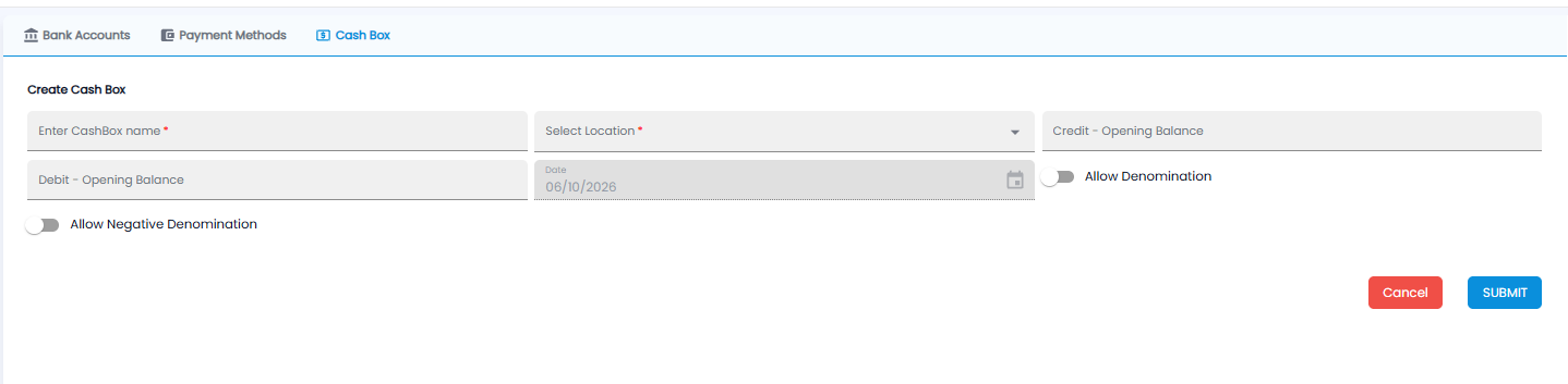 Create Cash Box form with name, location, opening balances, date, and denomination switches