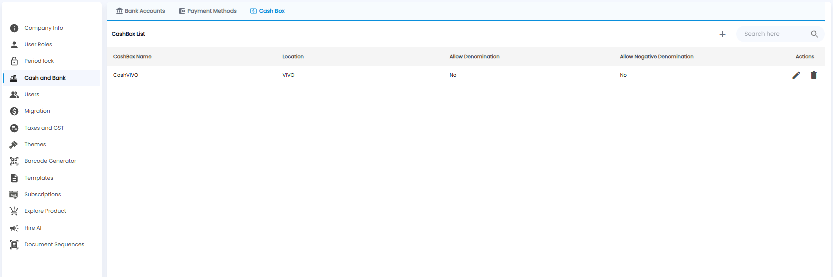 CashBox List with cash box name, location, allow denomination, allow negative denomination, and actions