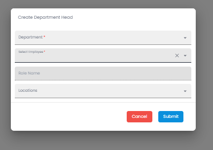 Create Department Head dialog with department, employee, role name, and locations