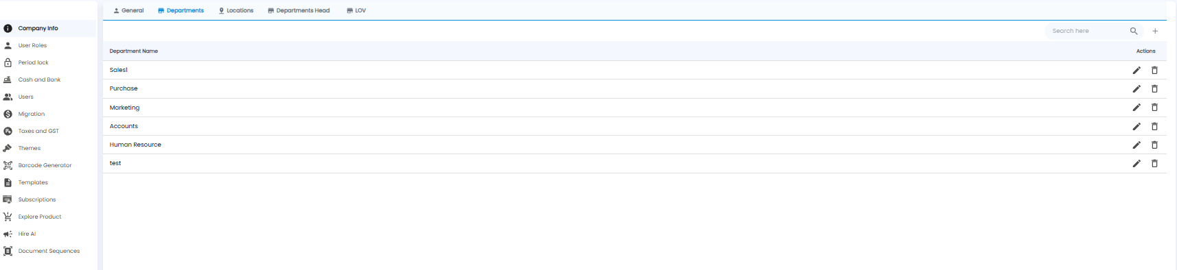 Departments tab listing department names with edit and delete actions
