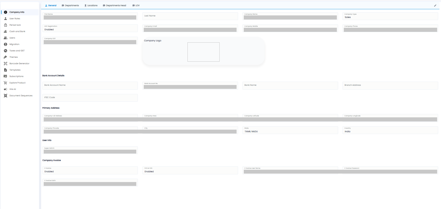 Company Info General tab with company, bank account, primary address, user, and company invoice details (values hidden)