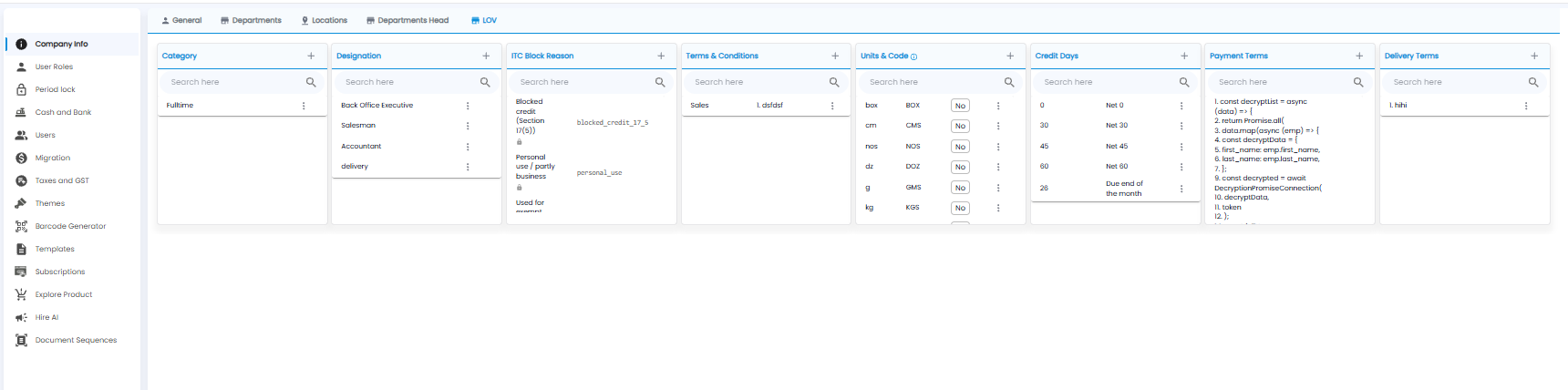 LOV tab with lists for category, designation, ITC block reason, terms and conditions, units and code, credit days, payment terms, and delivery terms