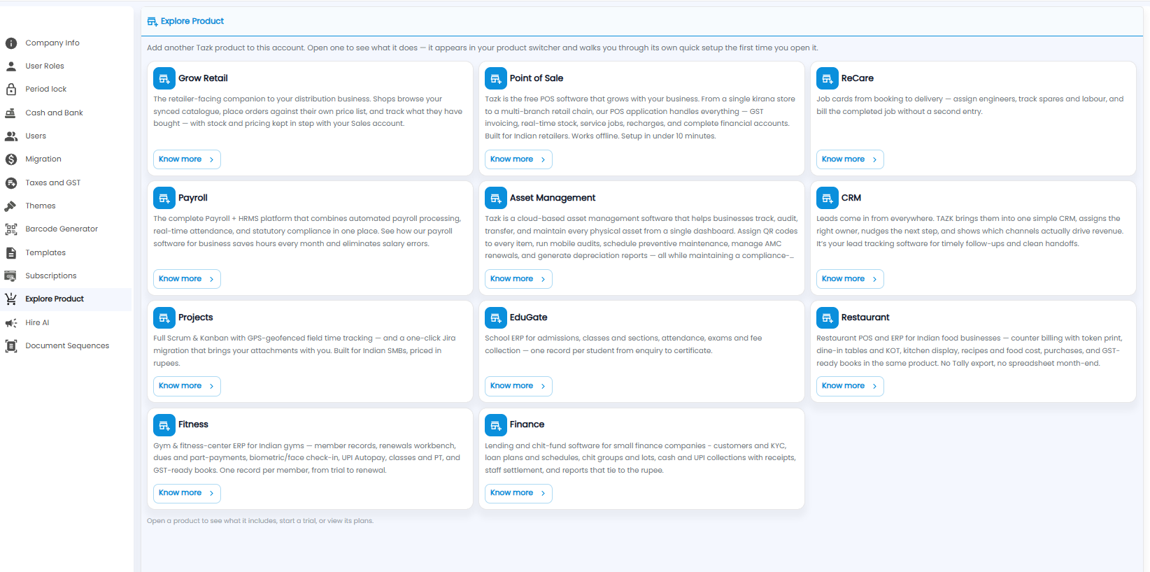 Explore Product page with cards for Grow Retail, Point of Sale, ReCare, Payroll, Asset Management, CRM, Projects, EduGate, Restaurant, Fitness, and Finance