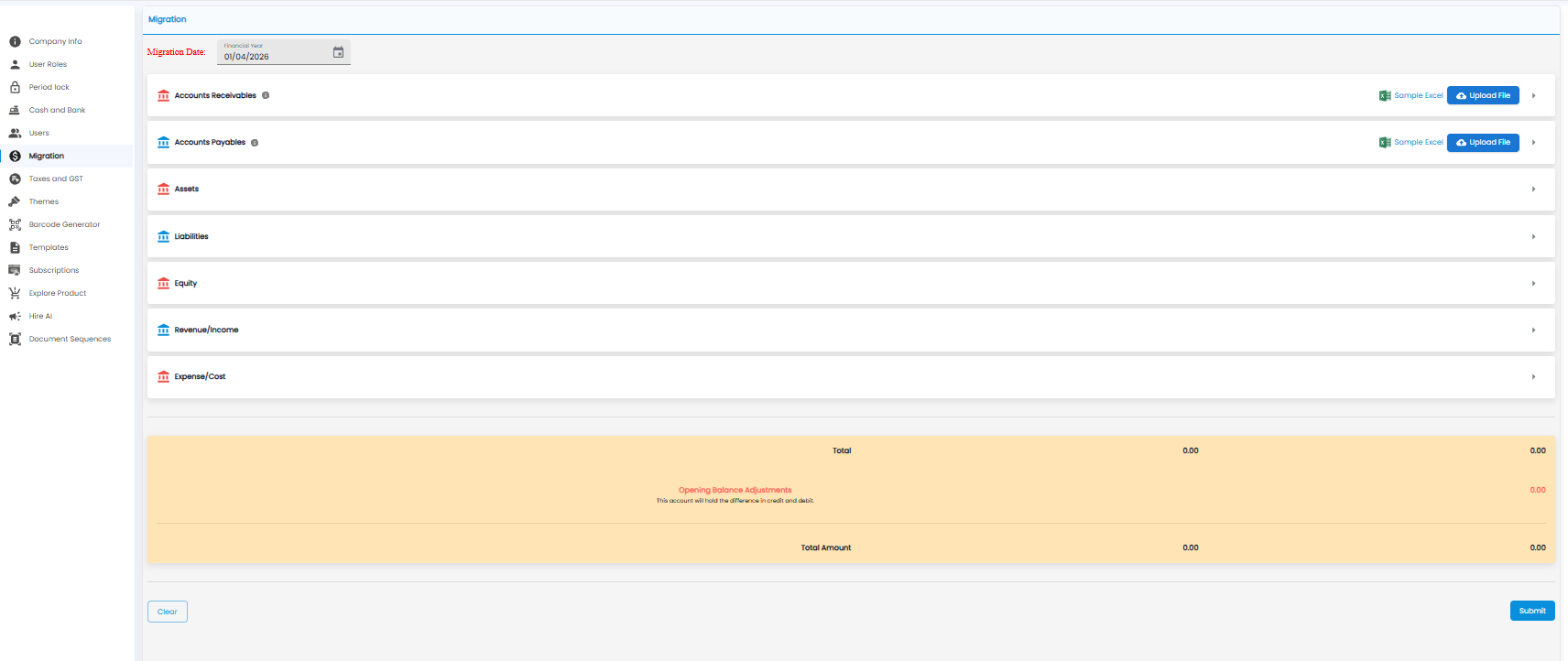 Migration page with the migration date, sections for receivables, payables, assets, liabilities, equity, income, and expenses, and the totals