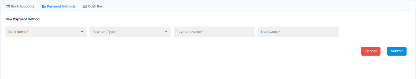 New Payment Method form with bank name, payment type, payment name, and short code
