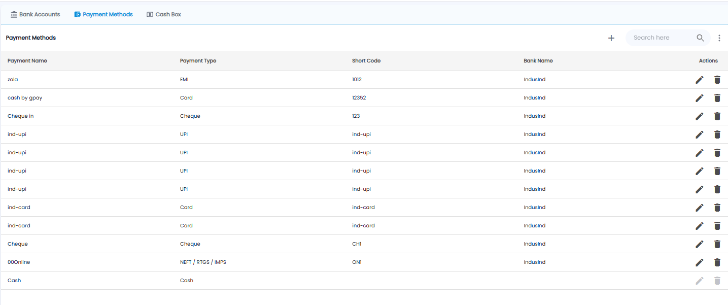 Payment Methods list with payment name, payment type, short code, bank name, and actions