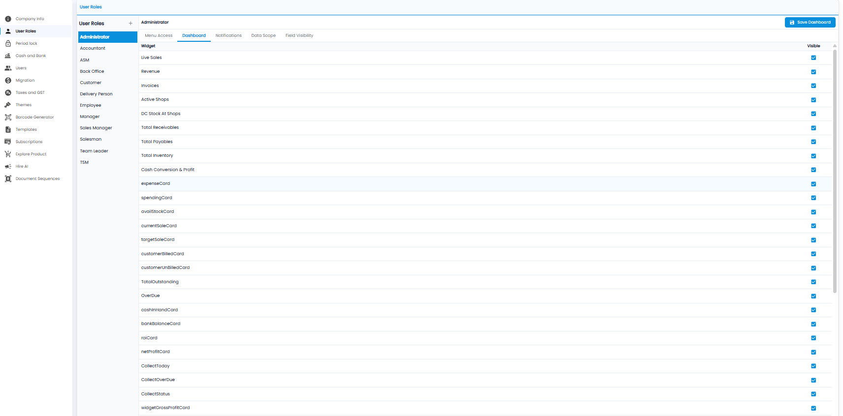Dashboard tab listing dashboard widgets with a Visible tick box for each