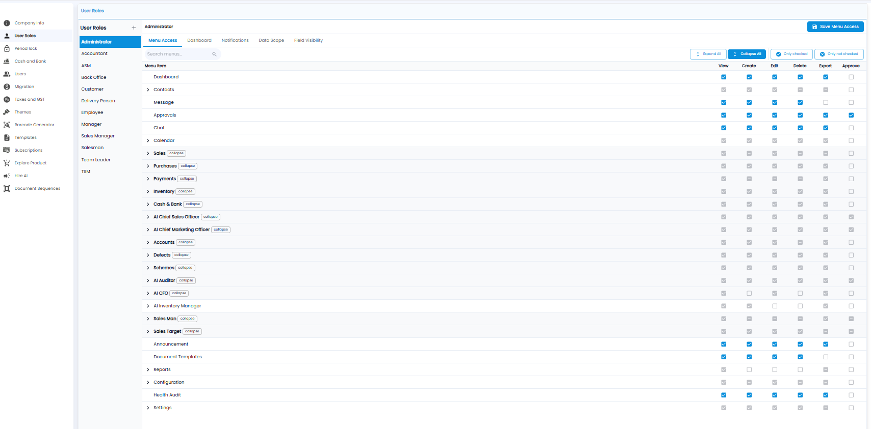 Menu Access tab for the Administrator role, with each menu item and tick boxes for view, create, edit, delete, export, and approve