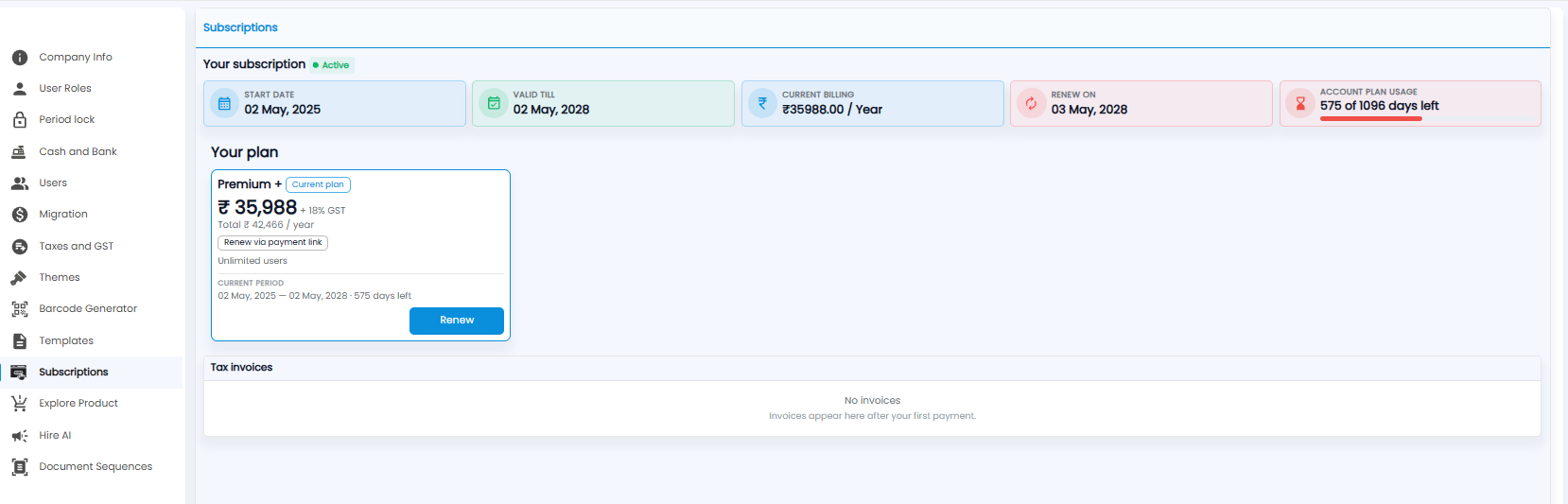 Subscriptions page with start date, valid till, current billing, renew on, and plan usage tiles, the current plan card with Renew, and tax invoices
