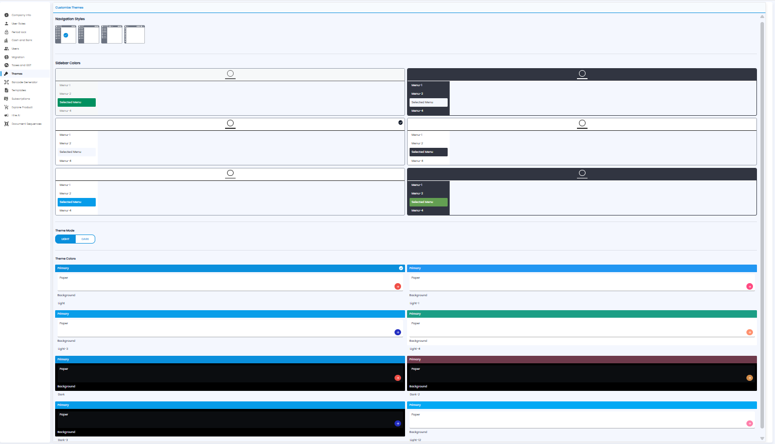 Customize Themes with navigation styles, sidebar colours, light and dark theme mode, and theme colour options