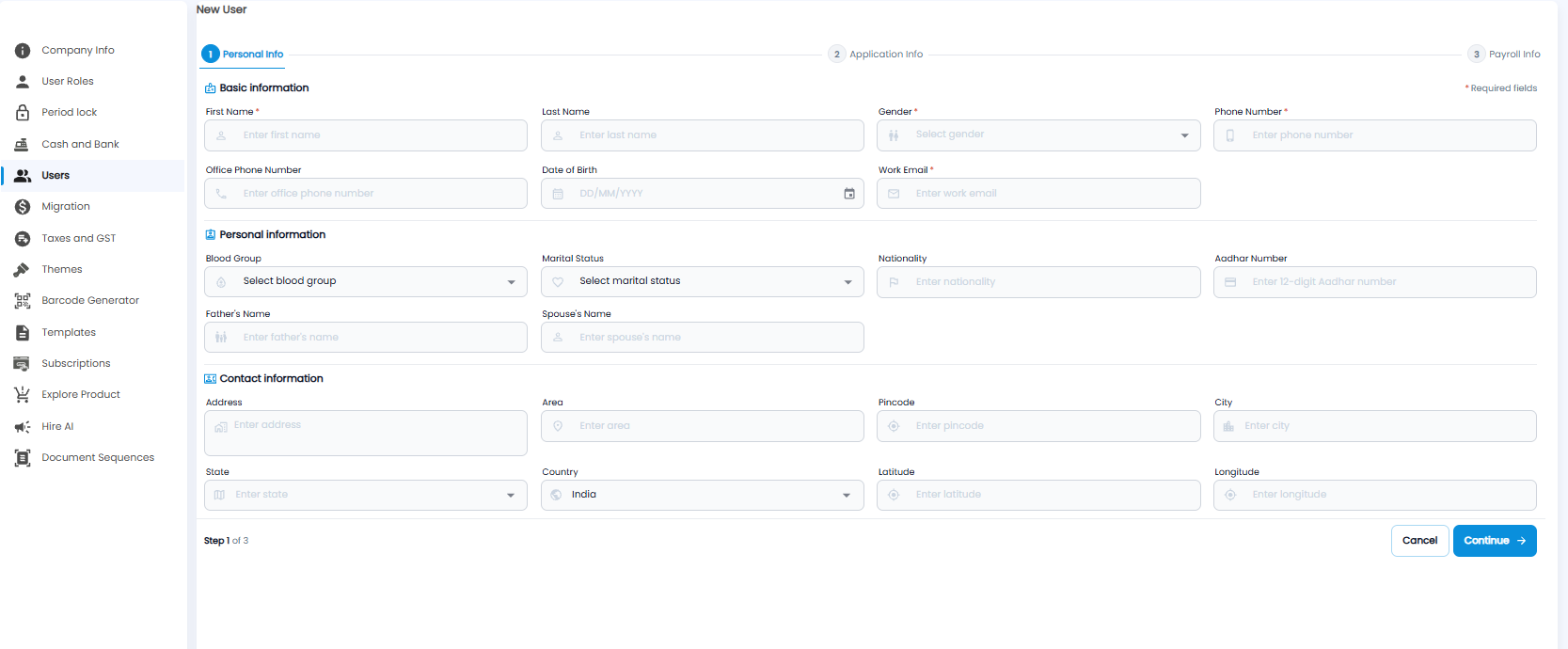 New User form, step 1 Personal Info, with basic, personal, and contact information