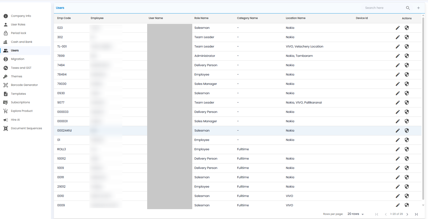 Users list with employee code, employee, user name (hidden), role, category, location, device id, and actions